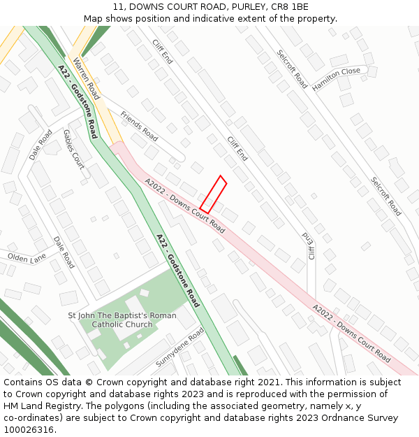 11, DOWNS COURT ROAD, PURLEY, CR8 1BE: Location map and indicative extent of plot