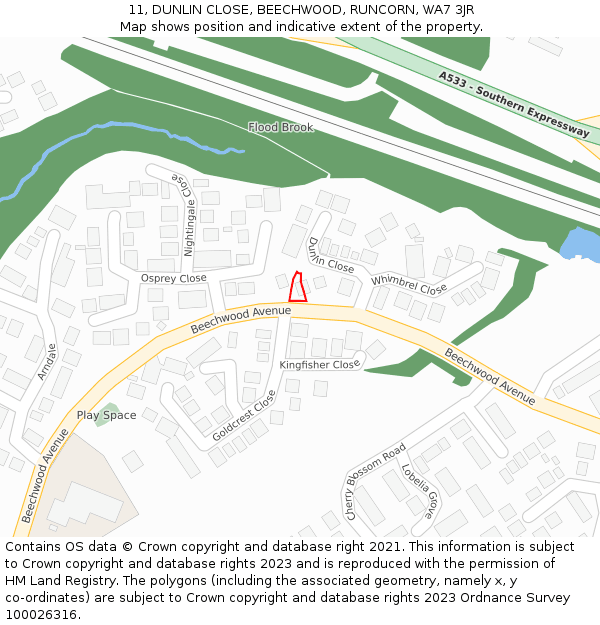 11, DUNLIN CLOSE, BEECHWOOD, RUNCORN, WA7 3JR: Location map and indicative extent of plot