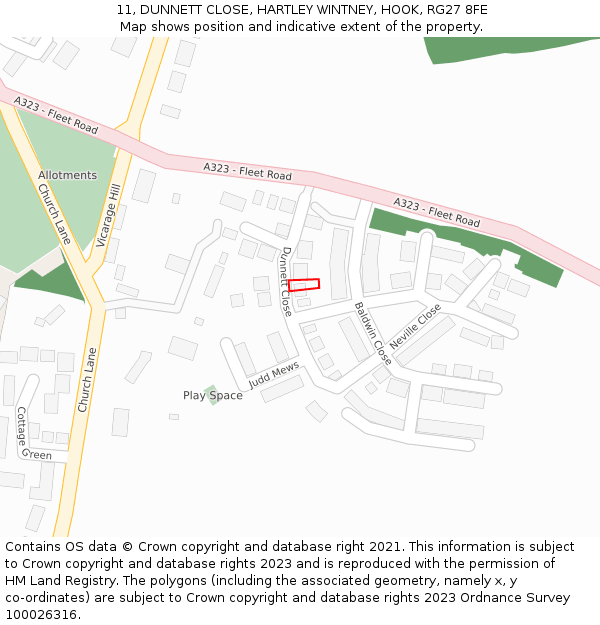 11, DUNNETT CLOSE, HARTLEY WINTNEY, HOOK, RG27 8FE: Location map and indicative extent of plot