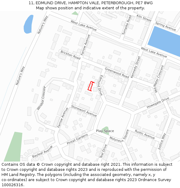 11, EDMUND DRIVE, HAMPTON VALE, PETERBOROUGH, PE7 8WG: Location map and indicative extent of plot
