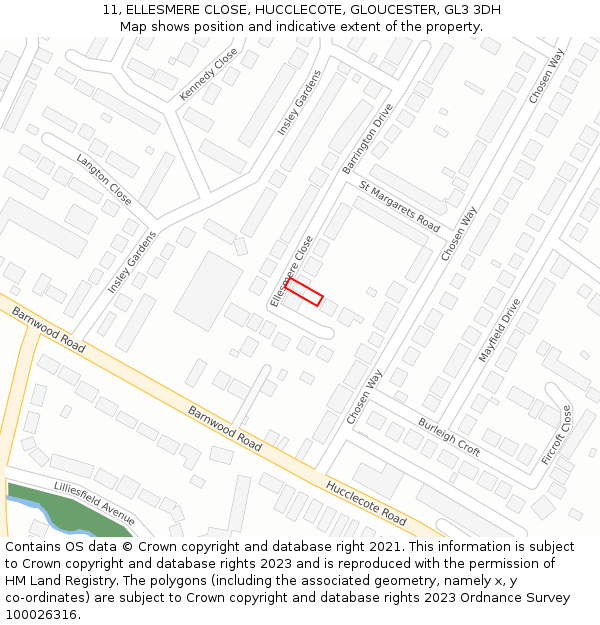 11, ELLESMERE CLOSE, HUCCLECOTE, GLOUCESTER, GL3 3DH: Location map and indicative extent of plot