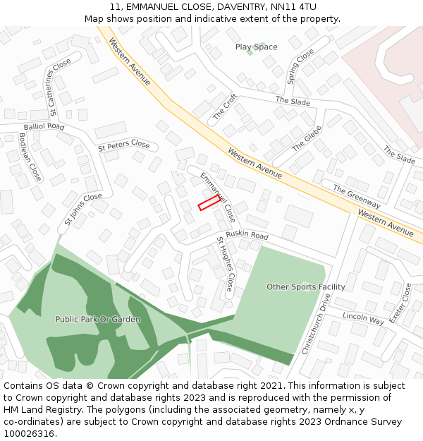 11, EMMANUEL CLOSE, DAVENTRY, NN11 4TU: Location map and indicative extent of plot