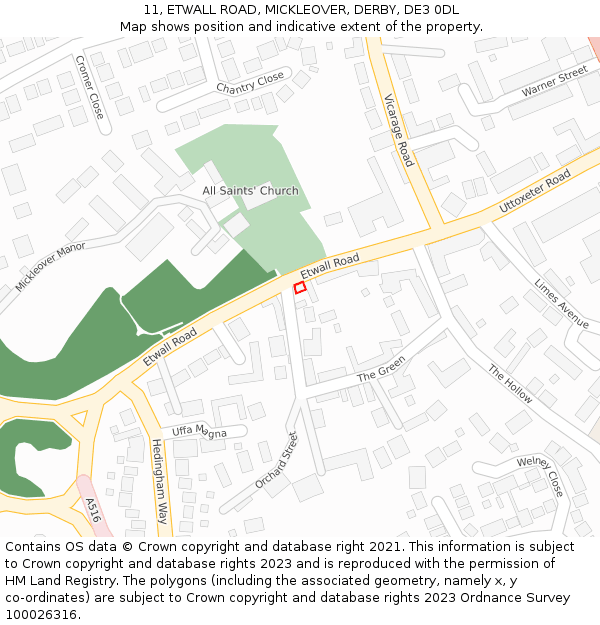 11, ETWALL ROAD, MICKLEOVER, DERBY, DE3 0DL: Location map and indicative extent of plot