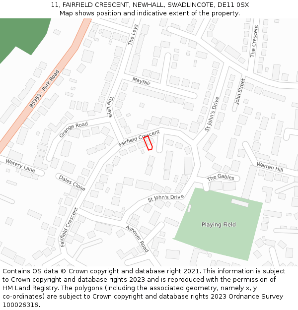 11, FAIRFIELD CRESCENT, NEWHALL, SWADLINCOTE, DE11 0SX: Location map and indicative extent of plot