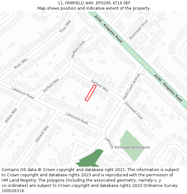 11, FAIRFIELD WAY, EPSOM, KT19 0EF: Location map and indicative extent of plot