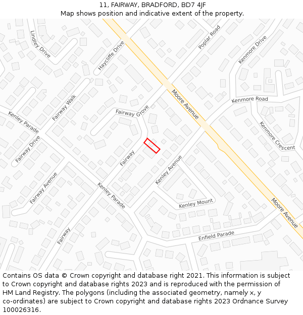 11, FAIRWAY, BRADFORD, BD7 4JF: Location map and indicative extent of plot