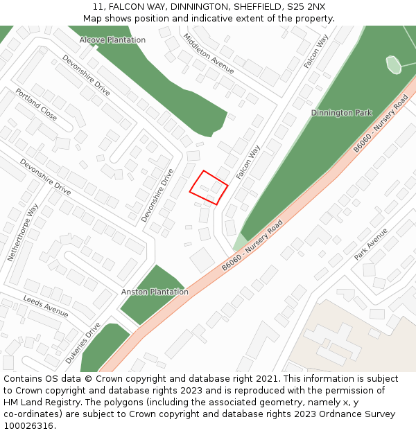 11, FALCON WAY, DINNINGTON, SHEFFIELD, S25 2NX: Location map and indicative extent of plot