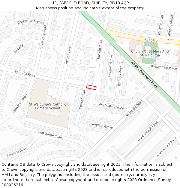 11, FARFIELD ROAD, SHIPLEY, BD18 4QP: Location map and indicative extent of plot