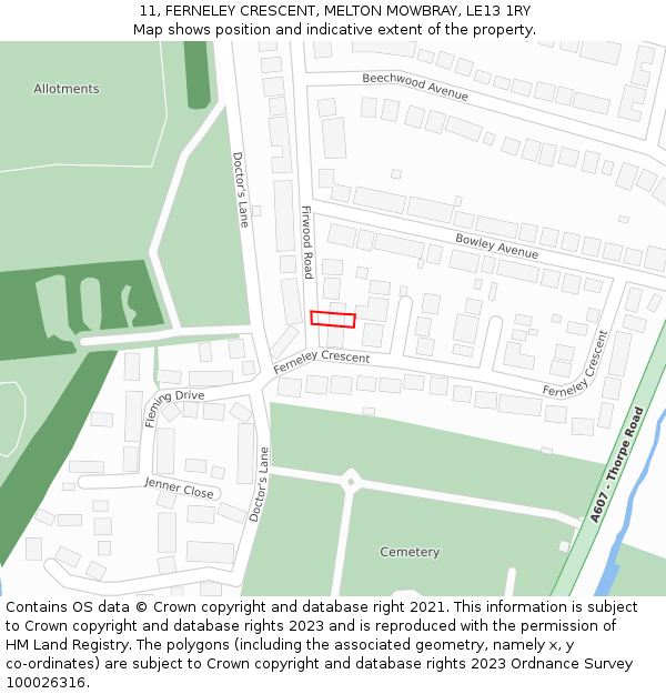 11, FERNELEY CRESCENT, MELTON MOWBRAY, LE13 1RY: Location map and indicative extent of plot
