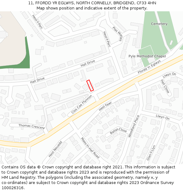 11, FFORDD YR EGLWYS, NORTH CORNELLY, BRIDGEND, CF33 4HN: Location map and indicative extent of plot
