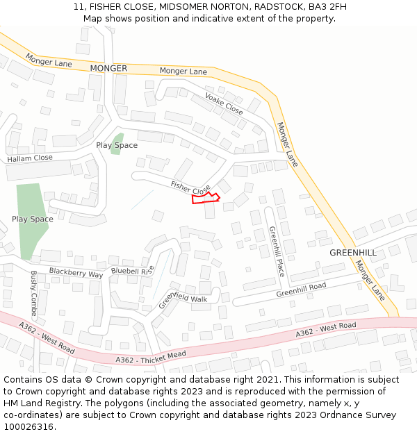 11, FISHER CLOSE, MIDSOMER NORTON, RADSTOCK, BA3 2FH: Location map and indicative extent of plot
