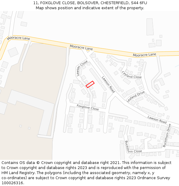 11, FOXGLOVE CLOSE, BOLSOVER, CHESTERFIELD, S44 6FU: Location map and indicative extent of plot