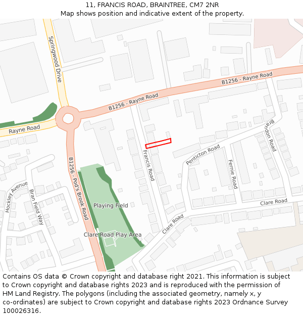 11, FRANCIS ROAD, BRAINTREE, CM7 2NR: Location map and indicative extent of plot