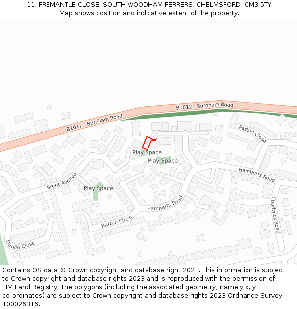11, FREMANTLE CLOSE, SOUTH WOODHAM FERRERS, CHELMSFORD, CM3 5TY: Location map and indicative extent of plot