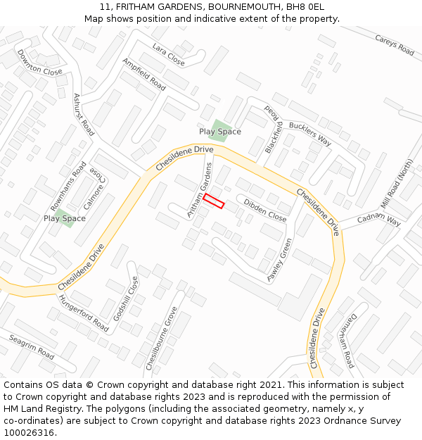 11, FRITHAM GARDENS, BOURNEMOUTH, BH8 0EL: Location map and indicative extent of plot