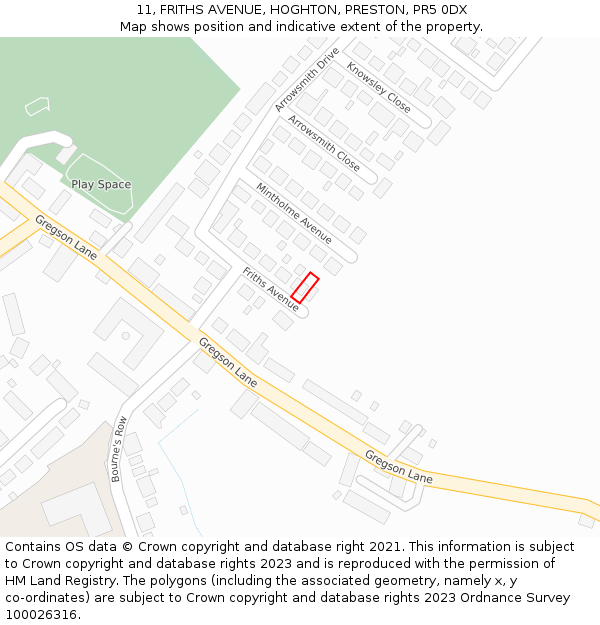 11, FRITHS AVENUE, HOGHTON, PRESTON, PR5 0DX: Location map and indicative extent of plot
