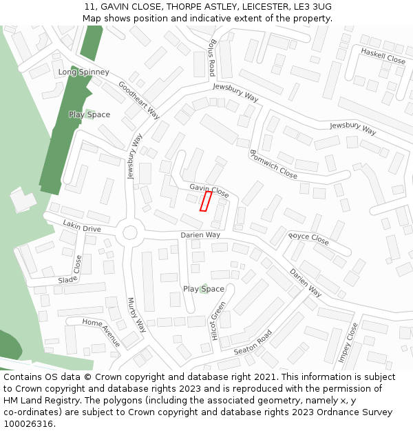 11, GAVIN CLOSE, THORPE ASTLEY, LEICESTER, LE3 3UG: Location map and indicative extent of plot