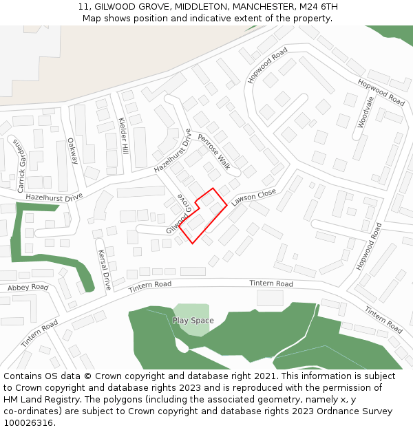 11, GILWOOD GROVE, MIDDLETON, MANCHESTER, M24 6TH: Location map and indicative extent of plot
