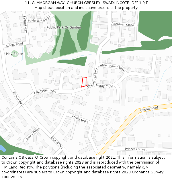11, GLAMORGAN WAY, CHURCH GRESLEY, SWADLINCOTE, DE11 9JT: Location map and indicative extent of plot