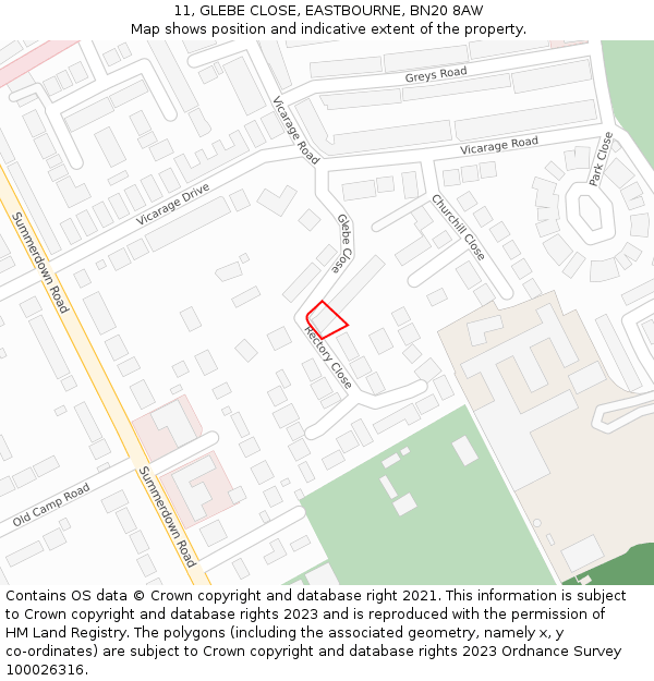 11, GLEBE CLOSE, EASTBOURNE, BN20 8AW: Location map and indicative extent of plot