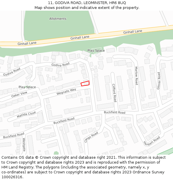 11, GODIVA ROAD, LEOMINSTER, HR6 8UQ: Location map and indicative extent of plot