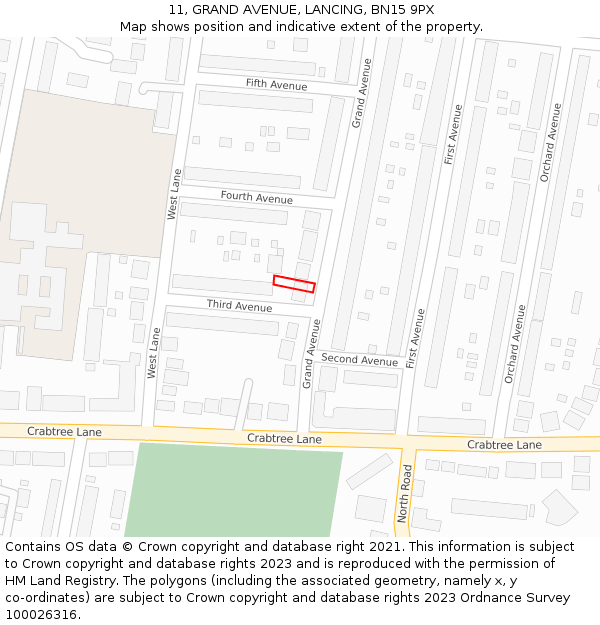 11, GRAND AVENUE, LANCING, BN15 9PX: Location map and indicative extent of plot
