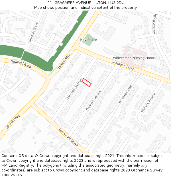 11, GRASMERE AVENUE, LUTON, LU3 2DU: Location map and indicative extent of plot