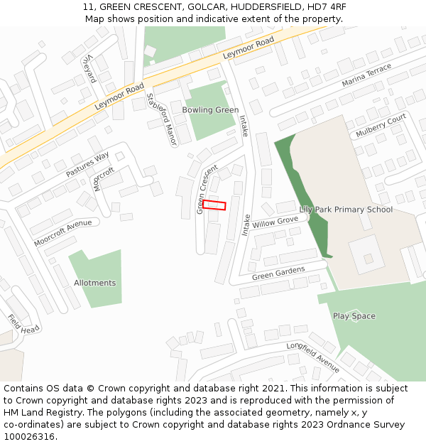 11, GREEN CRESCENT, GOLCAR, HUDDERSFIELD, HD7 4RF: Location map and indicative extent of plot