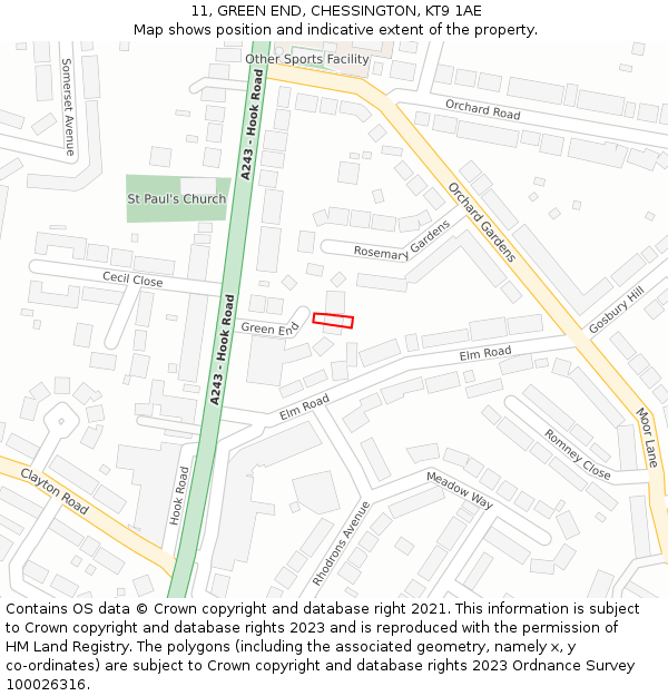 11, GREEN END, CHESSINGTON, KT9 1AE: Location map and indicative extent of plot