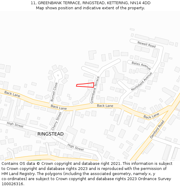 11, GREENBANK TERRACE, RINGSTEAD, KETTERING, NN14 4DD: Location map and indicative extent of plot