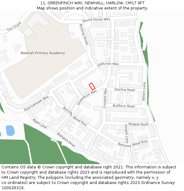 11, GREENFINCH WAY, NEWHALL, HARLOW, CM17 9FT: Location map and indicative extent of plot