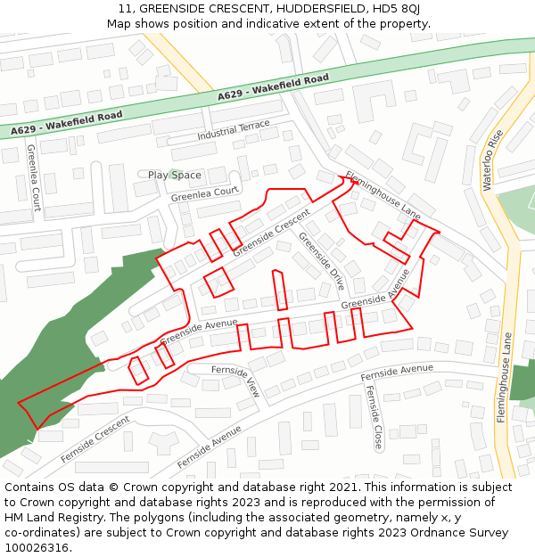 11, GREENSIDE CRESCENT, HUDDERSFIELD, HD5 8QJ: Location map and indicative extent of plot
