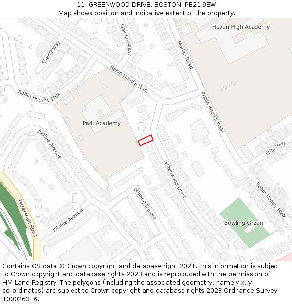 11, GREENWOOD DRIVE, BOSTON, PE21 9EW: Location map and indicative extent of plot