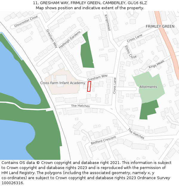 11, GRESHAM WAY, FRIMLEY GREEN, CAMBERLEY, GU16 6LZ: Location map and indicative extent of plot