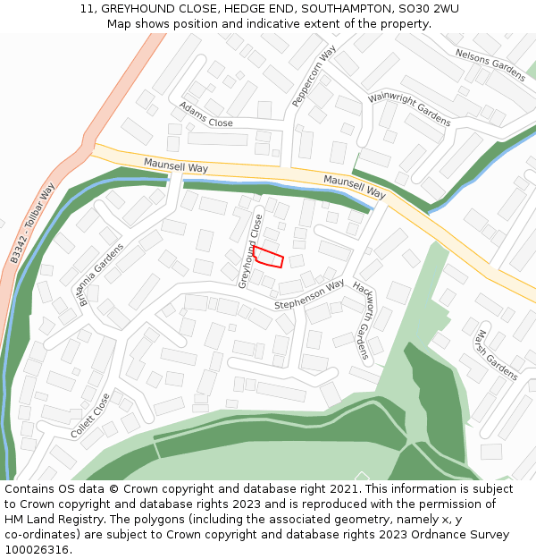 11, GREYHOUND CLOSE, HEDGE END, SOUTHAMPTON, SO30 2WU: Location map and indicative extent of plot