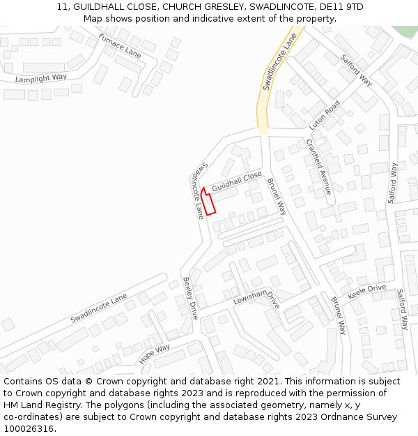11, GUILDHALL CLOSE, CHURCH GRESLEY, SWADLINCOTE, DE11 9TD: Location map and indicative extent of plot