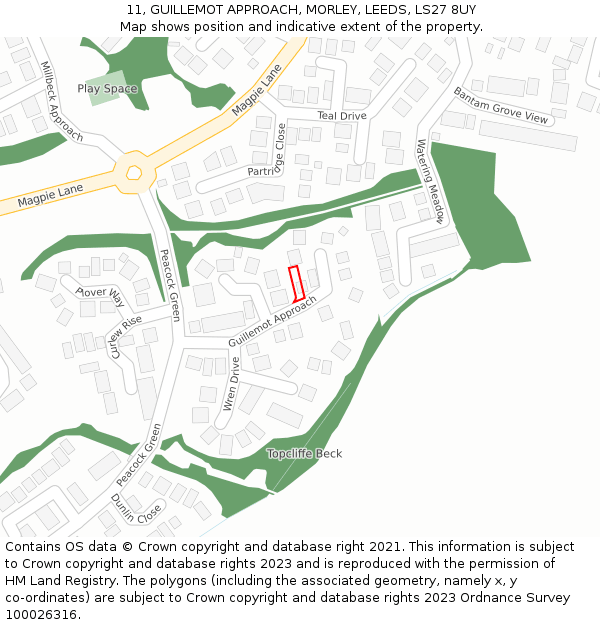 11, GUILLEMOT APPROACH, MORLEY, LEEDS, LS27 8UY: Location map and indicative extent of plot