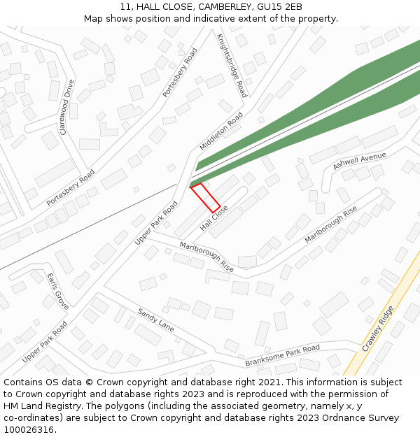 11, HALL CLOSE, CAMBERLEY, GU15 2EB: Location map and indicative extent of plot