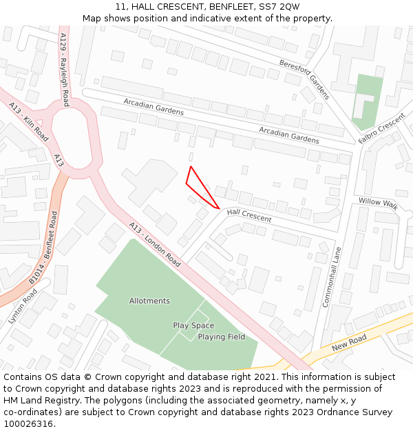 11, HALL CRESCENT, BENFLEET, SS7 2QW: Location map and indicative extent of plot