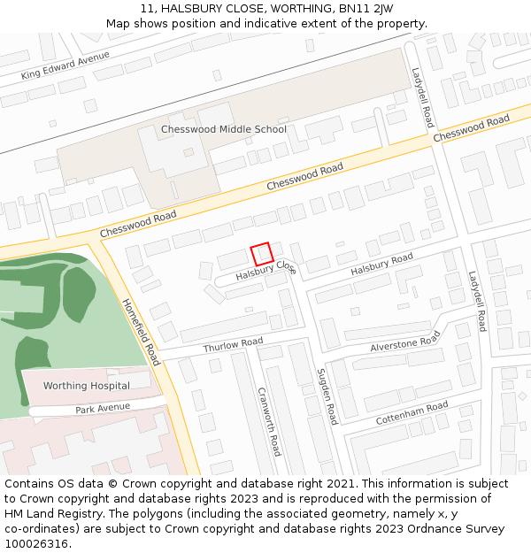 11, HALSBURY CLOSE, WORTHING, BN11 2JW: Location map and indicative extent of plot
