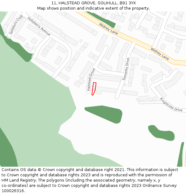 11, HALSTEAD GROVE, SOLIHULL, B91 3YX: Location map and indicative extent of plot