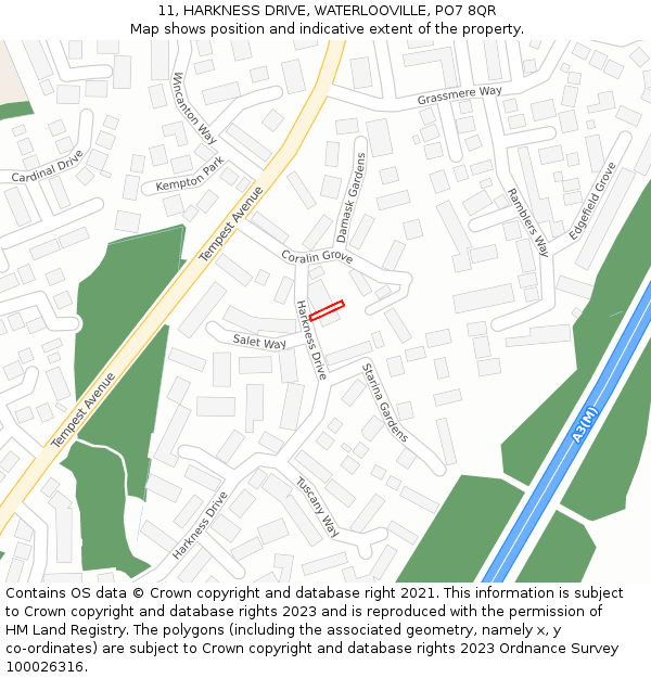 11, HARKNESS DRIVE, WATERLOOVILLE, PO7 8QR: Location map and indicative extent of plot