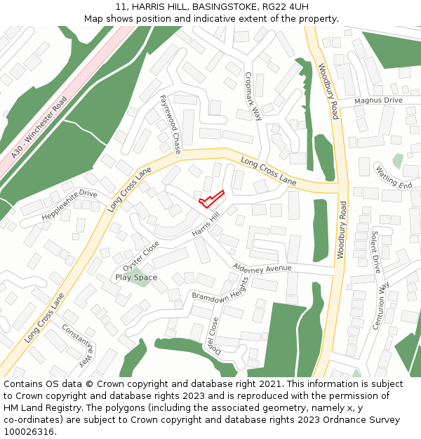 11, HARRIS HILL, BASINGSTOKE, RG22 4UH: Location map and indicative extent of plot