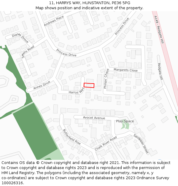 11, HARRYS WAY, HUNSTANTON, PE36 5PG: Location map and indicative extent of plot