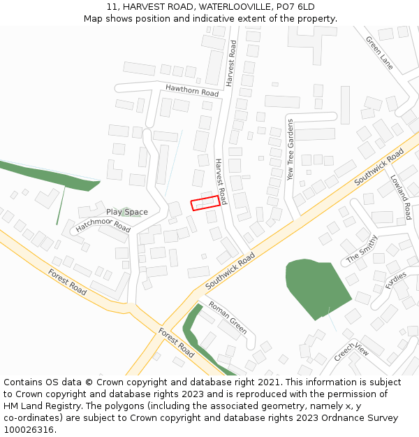 11, HARVEST ROAD, WATERLOOVILLE, PO7 6LD: Location map and indicative extent of plot
