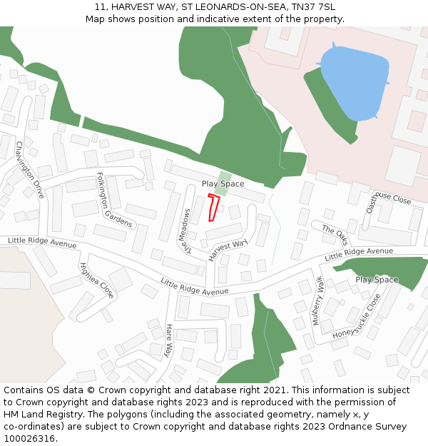 11, HARVEST WAY, ST LEONARDS-ON-SEA, TN37 7SL: Location map and indicative extent of plot