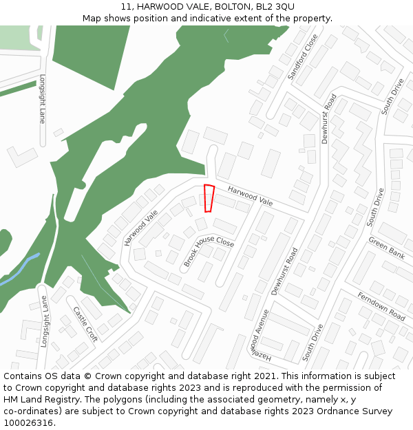 11, HARWOOD VALE, BOLTON, BL2 3QU: Location map and indicative extent of plot