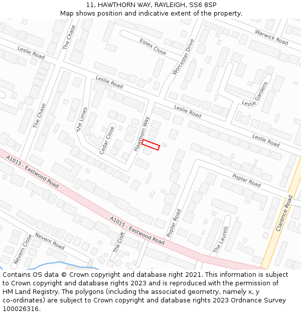11, HAWTHORN WAY, RAYLEIGH, SS6 8SP: Location map and indicative extent of plot