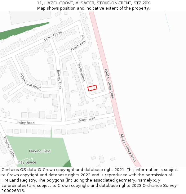 11, HAZEL GROVE, ALSAGER, STOKE-ON-TRENT, ST7 2PX: Location map and indicative extent of plot