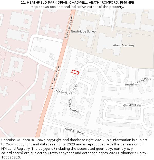 11, HEATHFIELD PARK DRIVE, CHADWELL HEATH, ROMFORD, RM6 4FB: Location map and indicative extent of plot